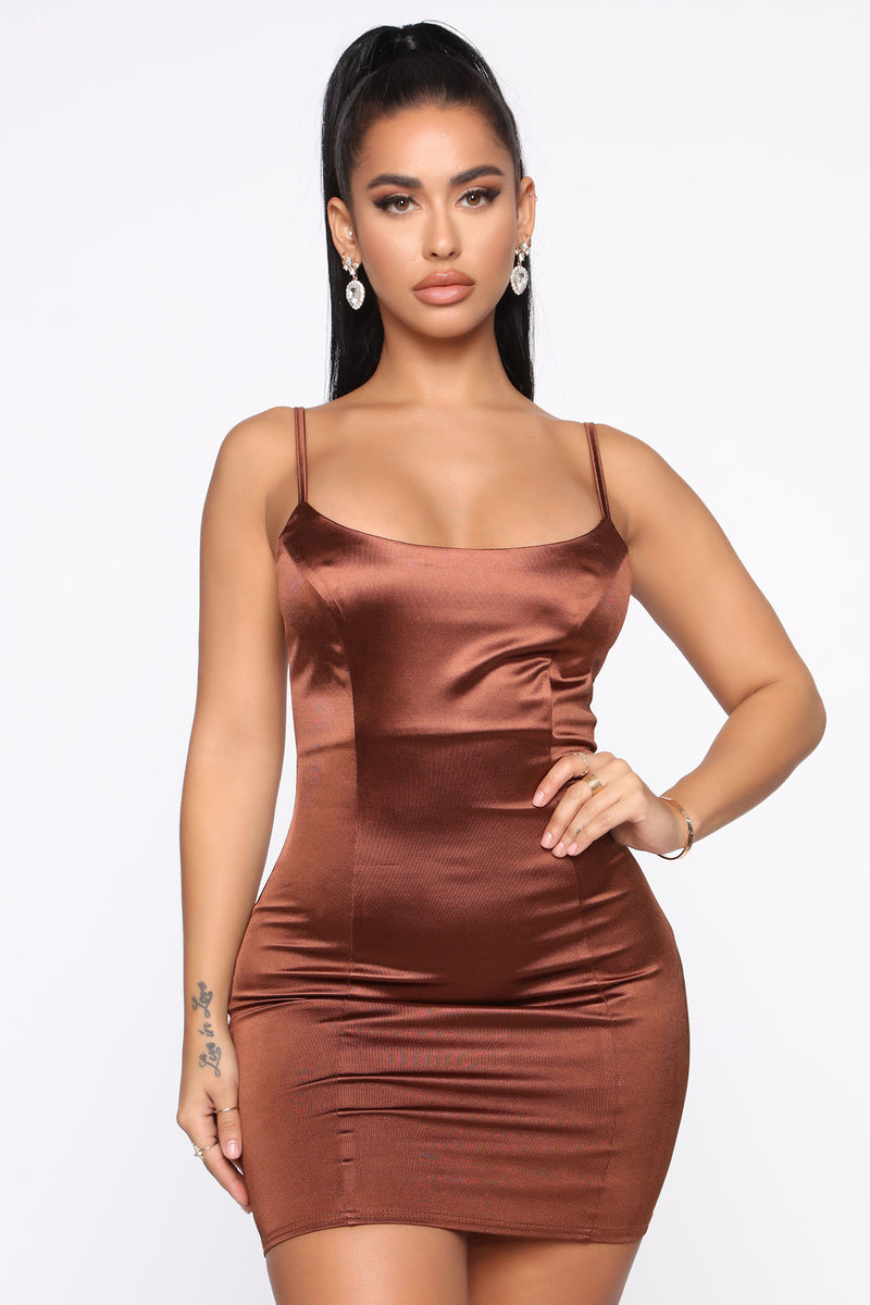 So Smooth Satin Mini Dress - Brown ...